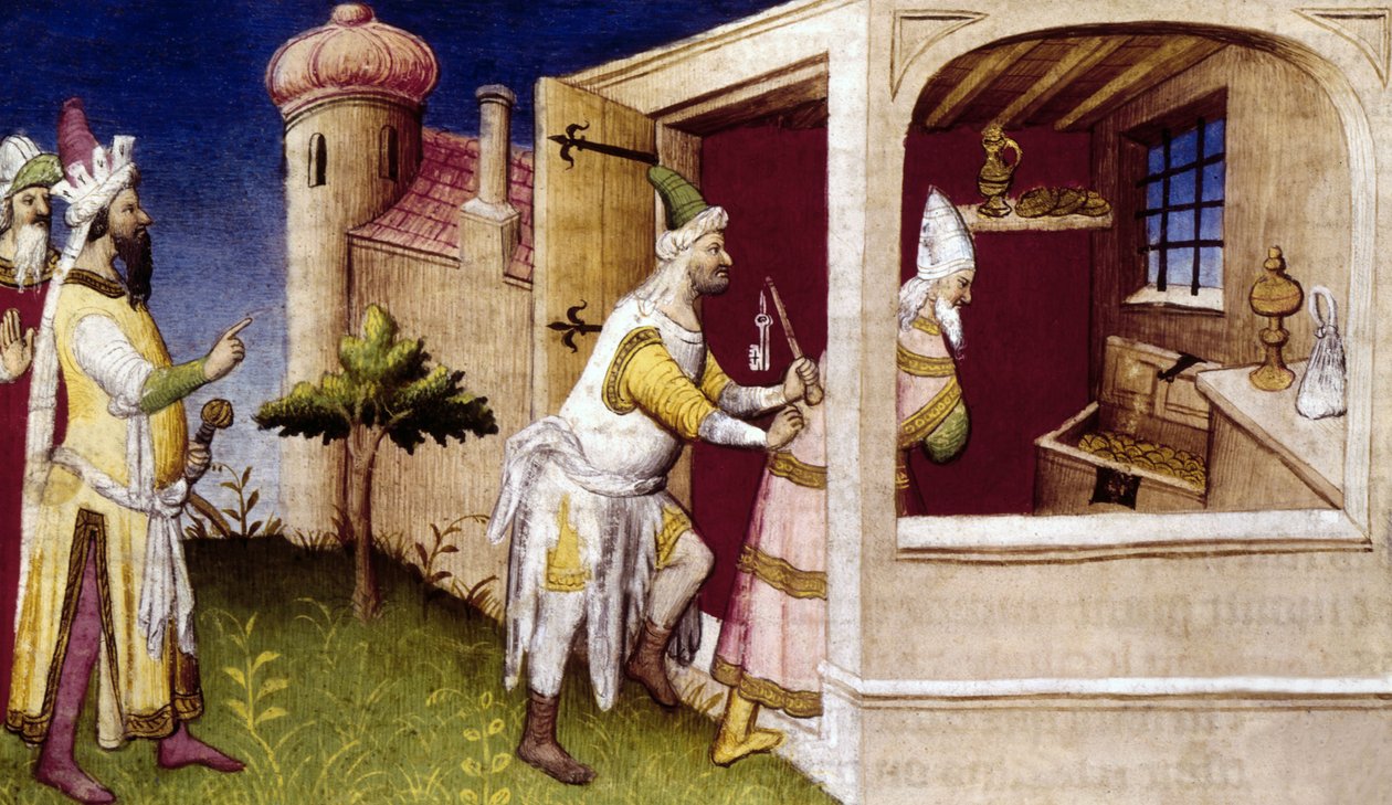 Al-Mustasim Billah fångad av Hulegu, illustration från "Books of the Marvels of the World", av Rustichello da Pisa (vellum) av Italian School