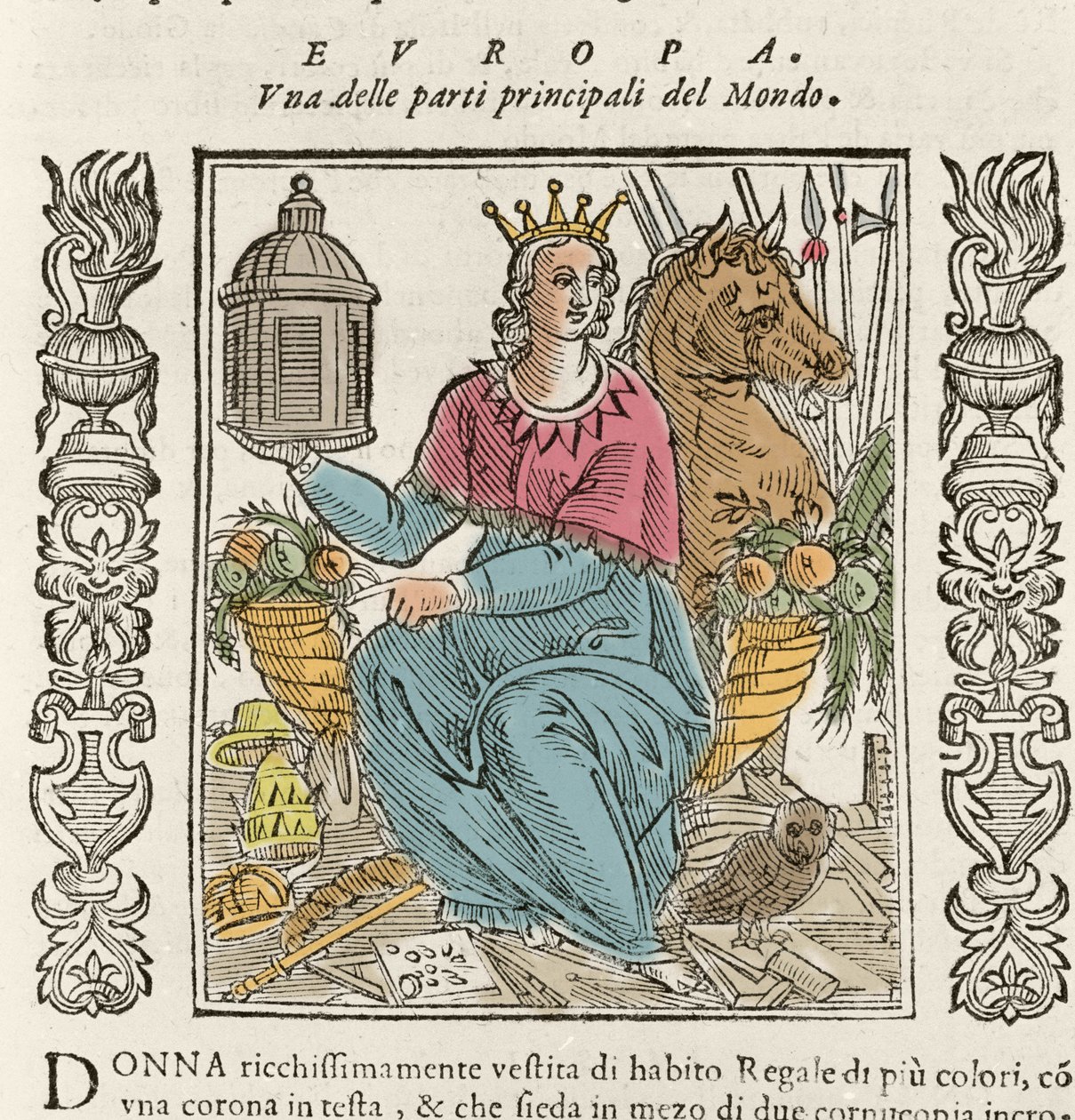 Allegori över Europa i form av en rikt klädd kvinna, krönt, omgiven av överflödshorn. Tallrik tagen från "" Iconologia"" av Cesare Ripa (1550 ca 1622) av Italian School