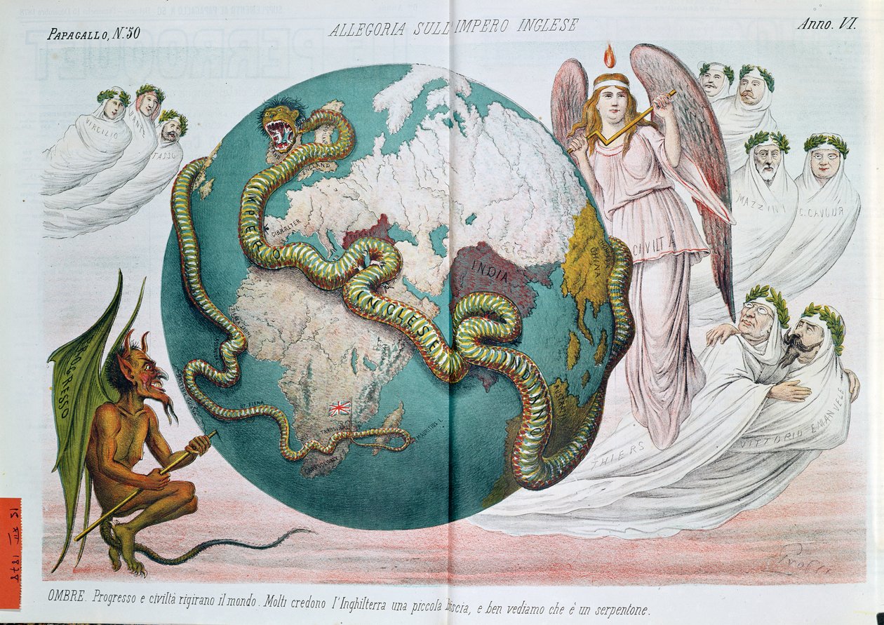 Allegori om det brittiska imperiet som stryper världen, satirisk serie från Le Perroquet (Il Pappagallo), 1878 av Italian School