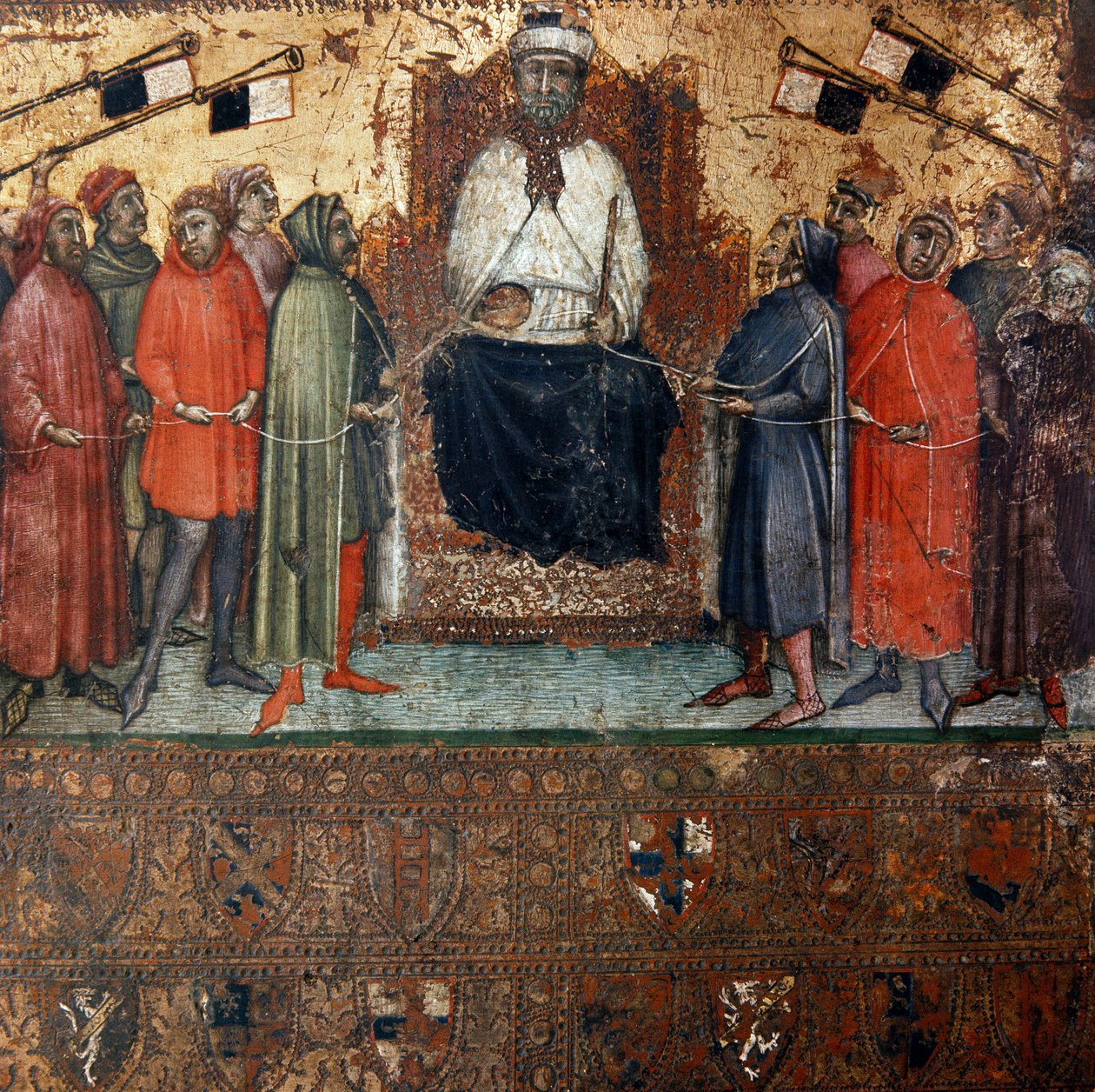 Allegori om regeringen i staden Siena omgiven av medborgare som är symboliskt kopplade till den med ett rep Anonym målning på trä av en Biccherna (omslag till redovisningsregistret för staden Siena) 1385. Siena Archivio di Stato, Italien av Italian School