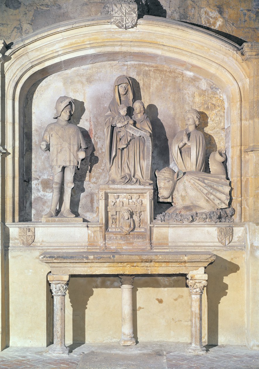 Altartavla av St. Anne, Jungfrun och spädbarnet Kristus, med St. Maurice, St. Martha och Tarasque (draken från Tarascon) 1470 (sten) av Italian School