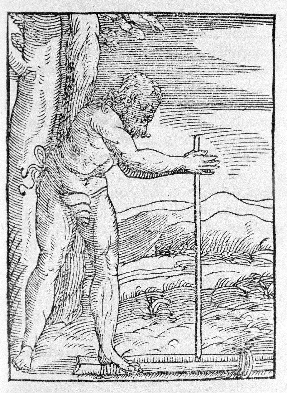 En indisk Tainos tänder en eld genom att gnugga två stycken trä. Gravyr från "" Navigationi och Viaggi"" av Giovanni Battista Ramusio (1485-1557), vol. III, Venedig 1565. av Italian School