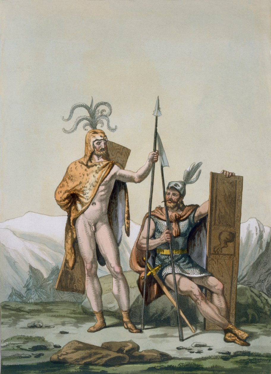Forntida keltiska krigare klädda för strid, ca 1800-18 av Italian School