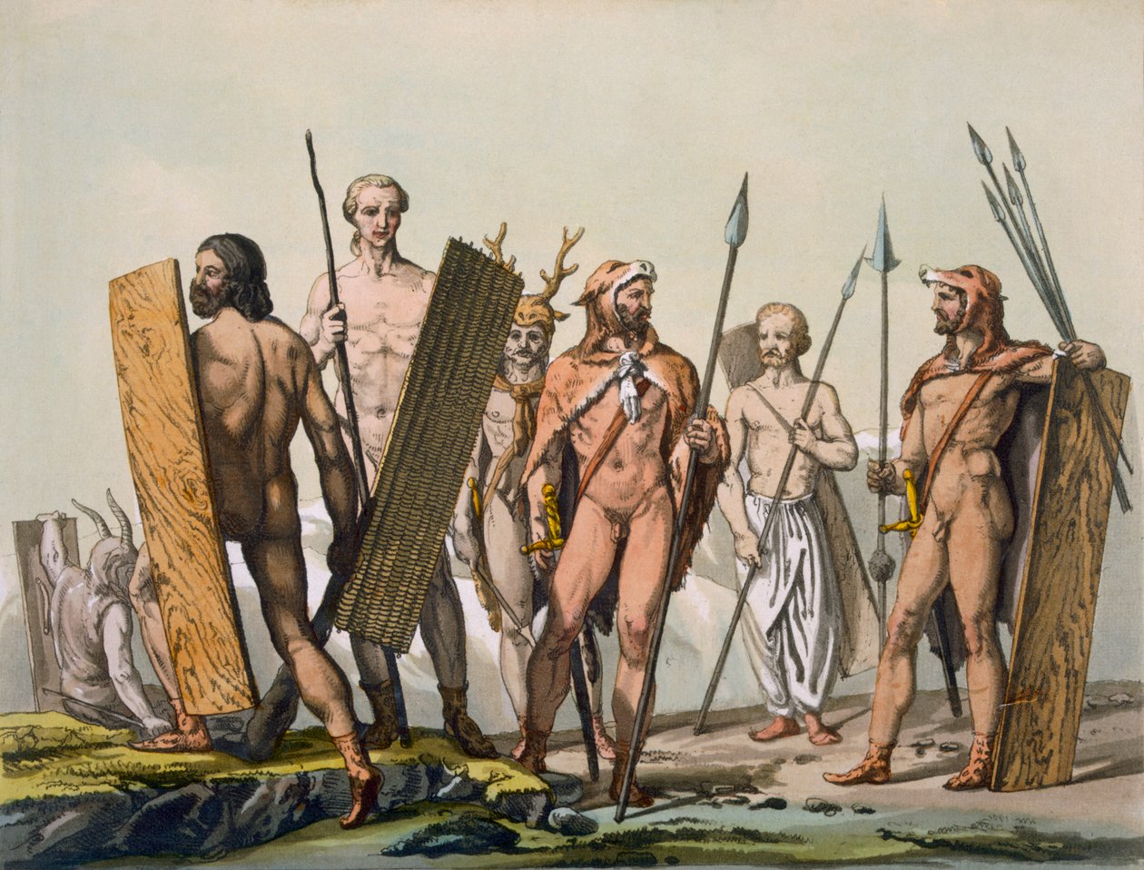 Forntida keltiska krigare klädda för strid, med en shaman, ca 1800-18 av Italian School