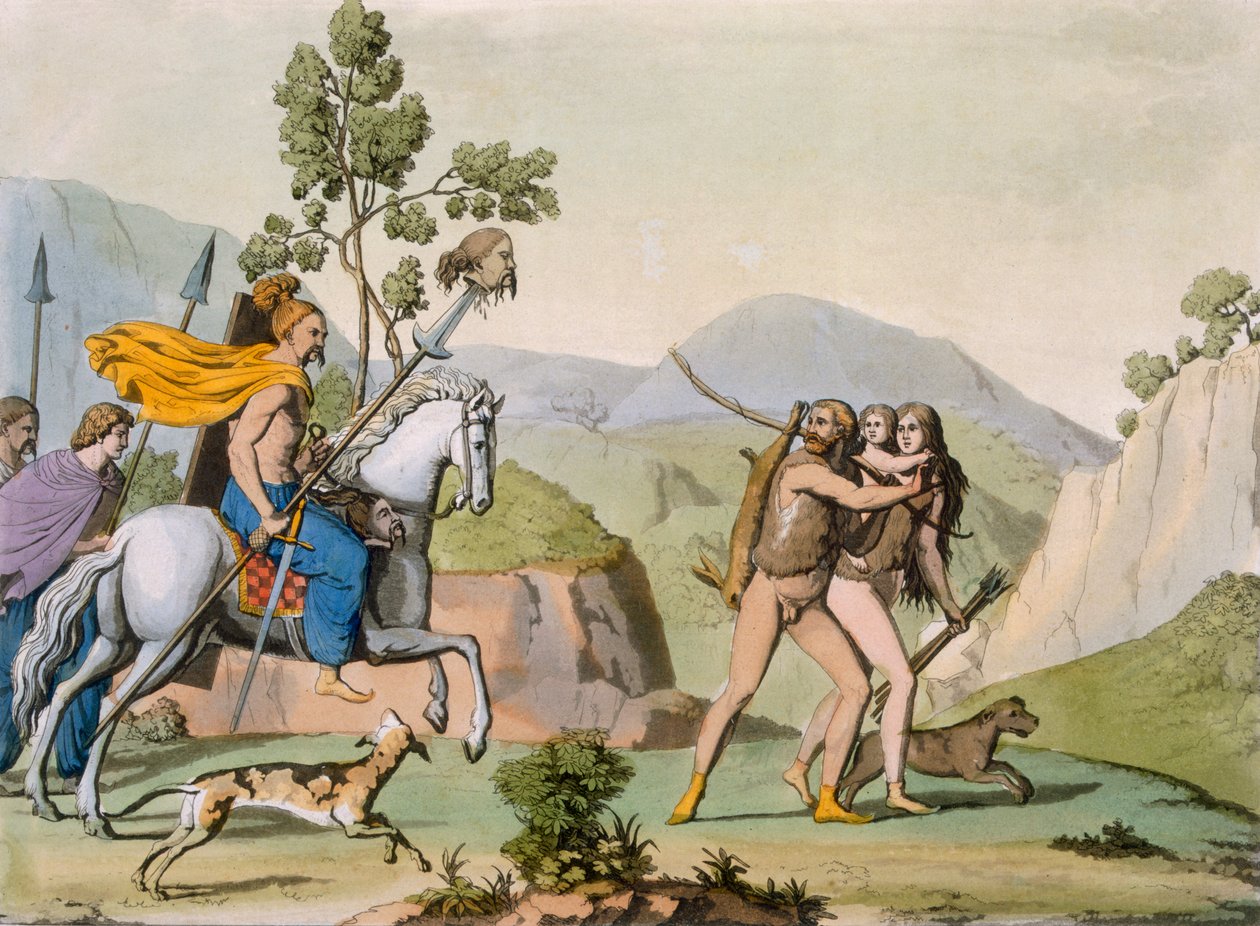 Forntida keltiska krigare på ett razzia möter ett par på jakt, ca 1800-18 (färgad gravyr) av Italian School