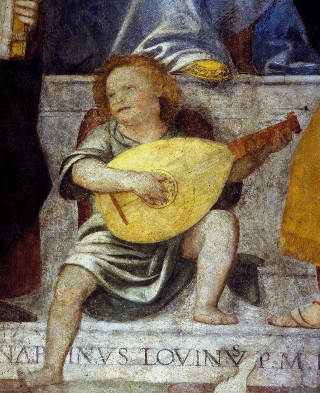 Ängelmusiker som spelar lut. Detalj av en fresk från 1600-talet från en kyrka i Milano. av Italian School