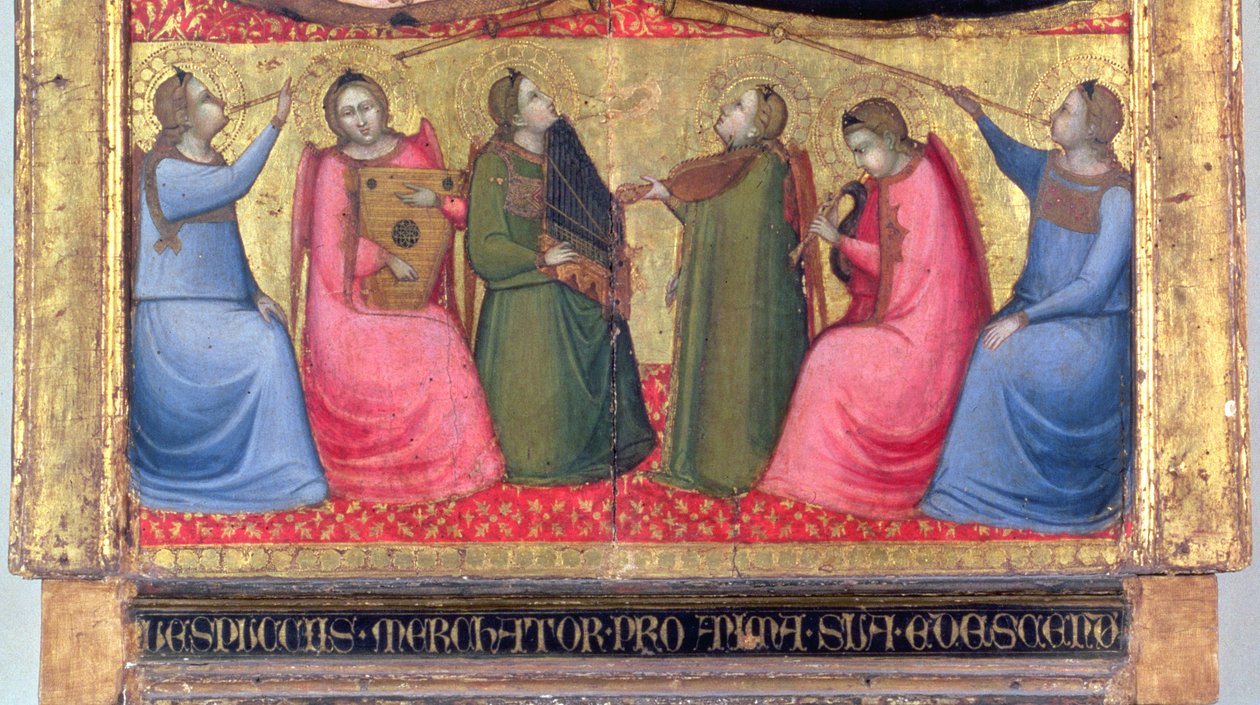 Änglar som spelar musikinstrument, detalj från en predellapanel av en altartavla, Florentine av Italian School