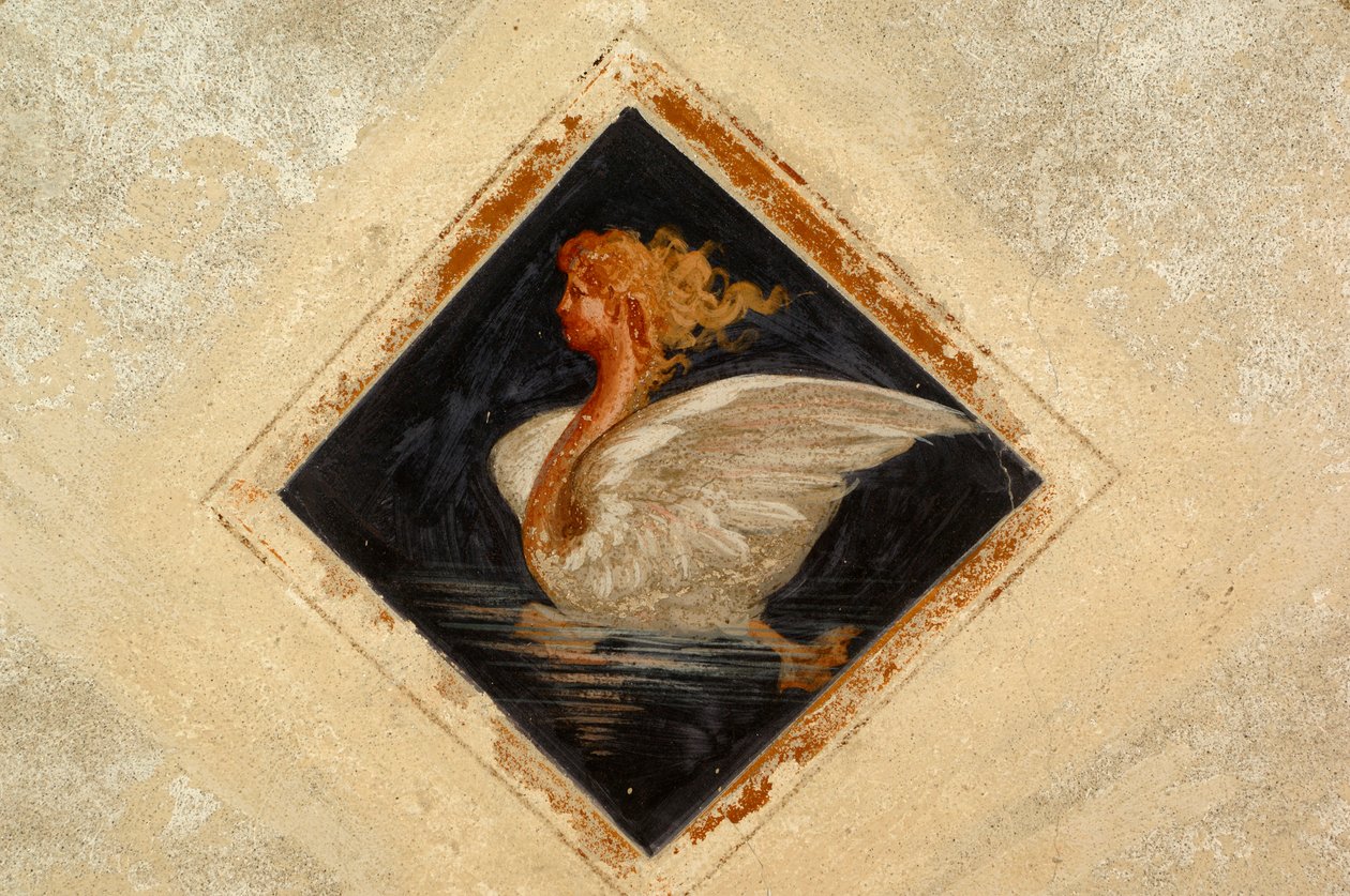 Antropomorf svan, Freskomålning, Ternengo Gromo-palatset (1500-talet), medeltida kvarter i Piazzo, Biella, Piemonte, Italien av Italian School