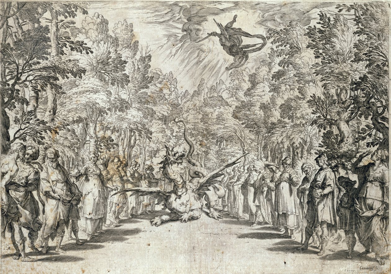 Apollo på väg att attackera pytonslangen, från La Pellegrina av Girolamo Bargagli, graverad av Carracius av Italian School