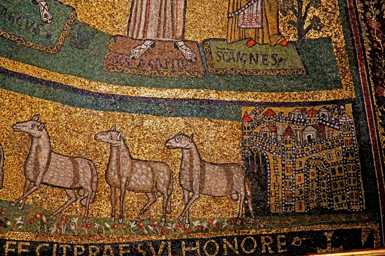 Absiddetalj, Betlehem och får (mosaik) av Italian School