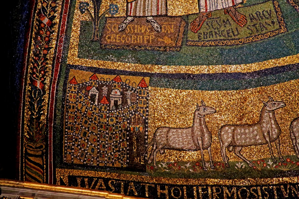 Absiddetalj, Jerusalem och får (mosaik) av Italian School