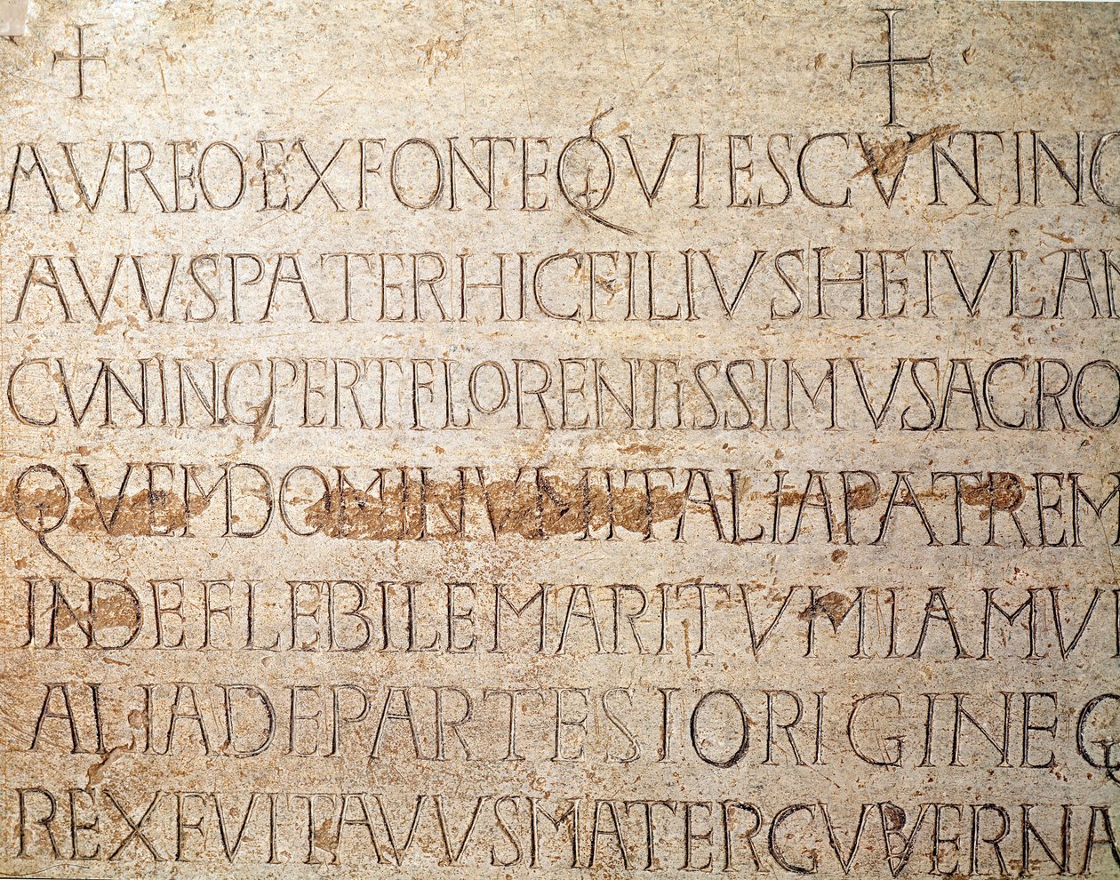 Medeltidens arkeologi (medeltiden). Barbarisk konst i Lombardiet: gravstenen över den lombardiska kungen Cunipert, känd som den fromme (Cuniperto, 678-700). Lombardisk konst. Pavia, Civic Museum, Archaeological Section (Pavia, Musei Civici, Sezione Archeol av Italian School