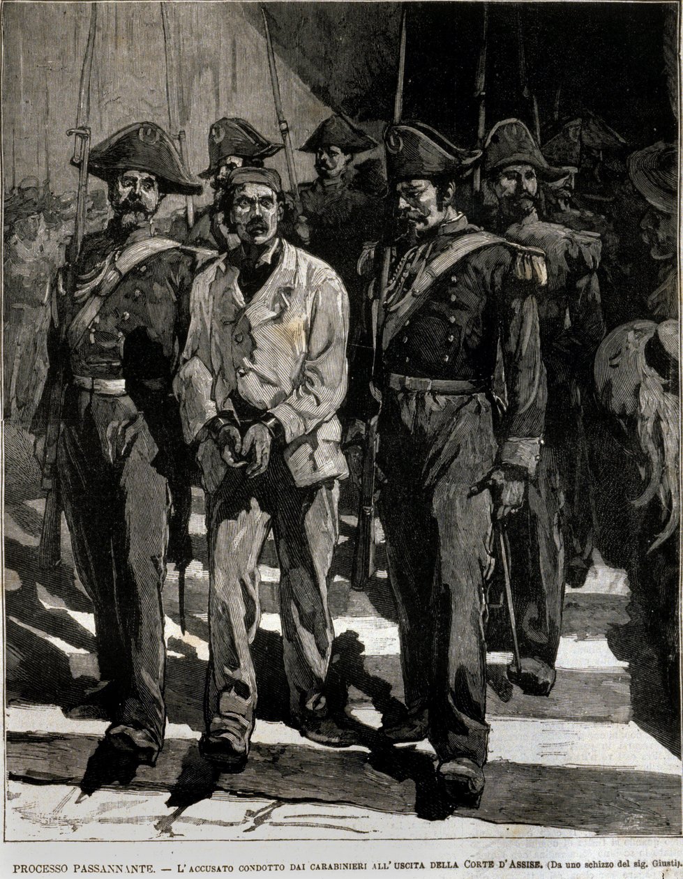 Gripande av Giovanni Passannante (1849-1910) som utförde attacken mot den italienske kungen Umberto I (Humbert I) i Neapel 1878. Denna händelse inspirerade poeten Giovanni Pascoli (1855-1912) i en Ode. Gravyr av 1800-talet av Italian School
