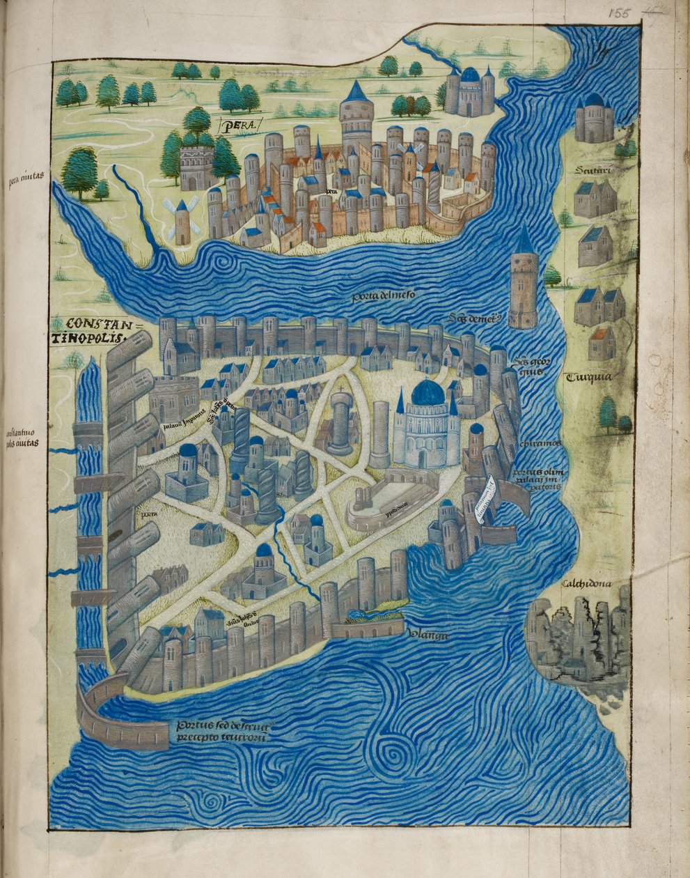 Arundel 93 fol.155 Karta över Konstantinopel och Pera, från 