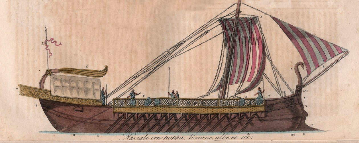 Atensk trirem, 4:e århundradet f.Kr. (acrostolium) - Triere ou trireme - gravyr från "" Seder och traditioner för alla folk i universum. Det är historien om regeringen, om lagarna, om milisen, om alla nationers religion från de mest avlägsna tider fram til av Italian School