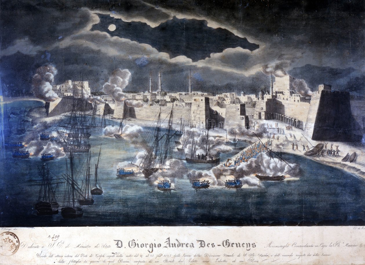 Attack av den sardiska flottan på hamnen i Tripoli under operationer mot barbarisk piratkopiering 1825. av Italian School