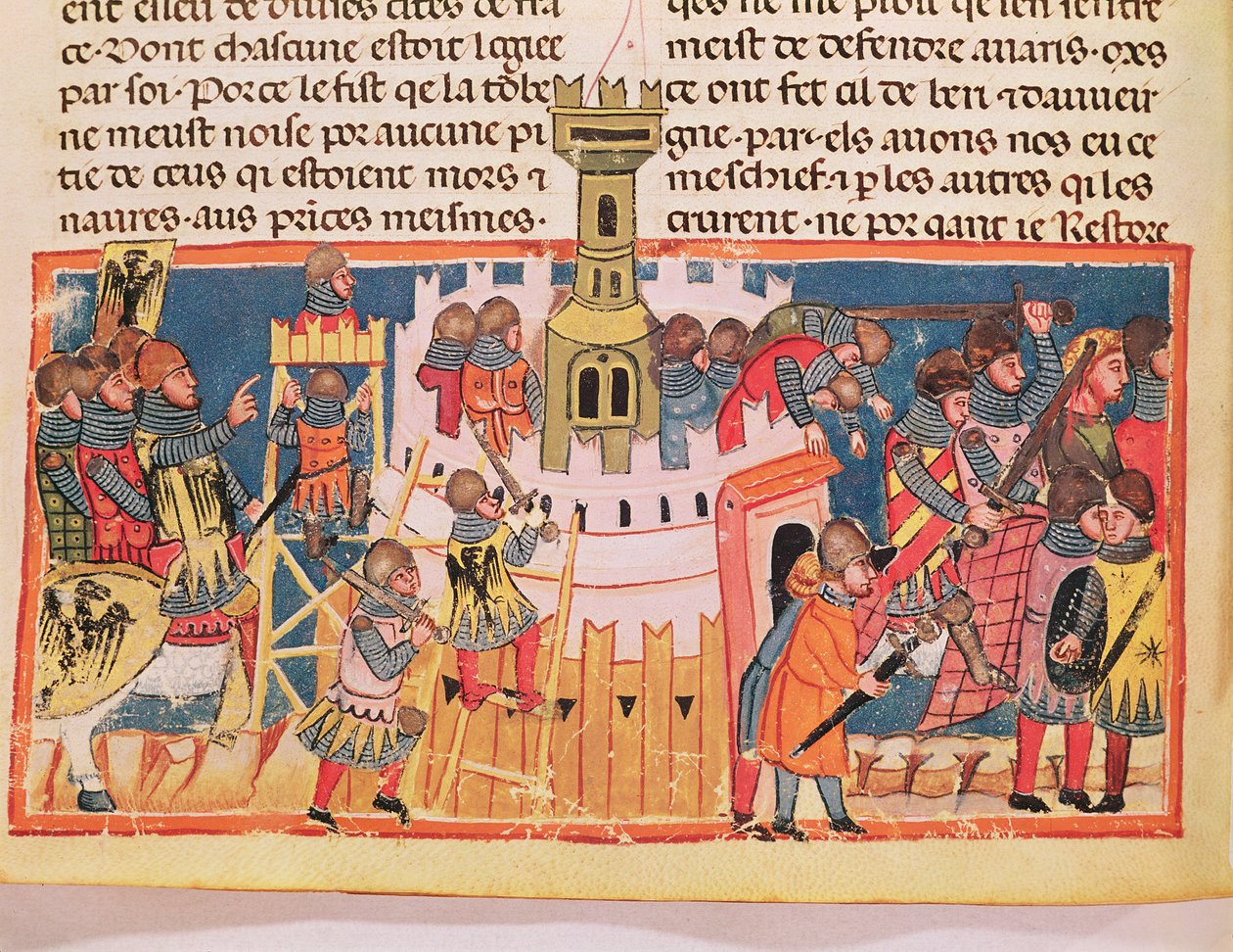 Angrepp på ett fort, ur "Le Vite di Dodici Cesari" av Gaius Suetonius Tranquillus (ca 75-150) (pergament) av Italian School