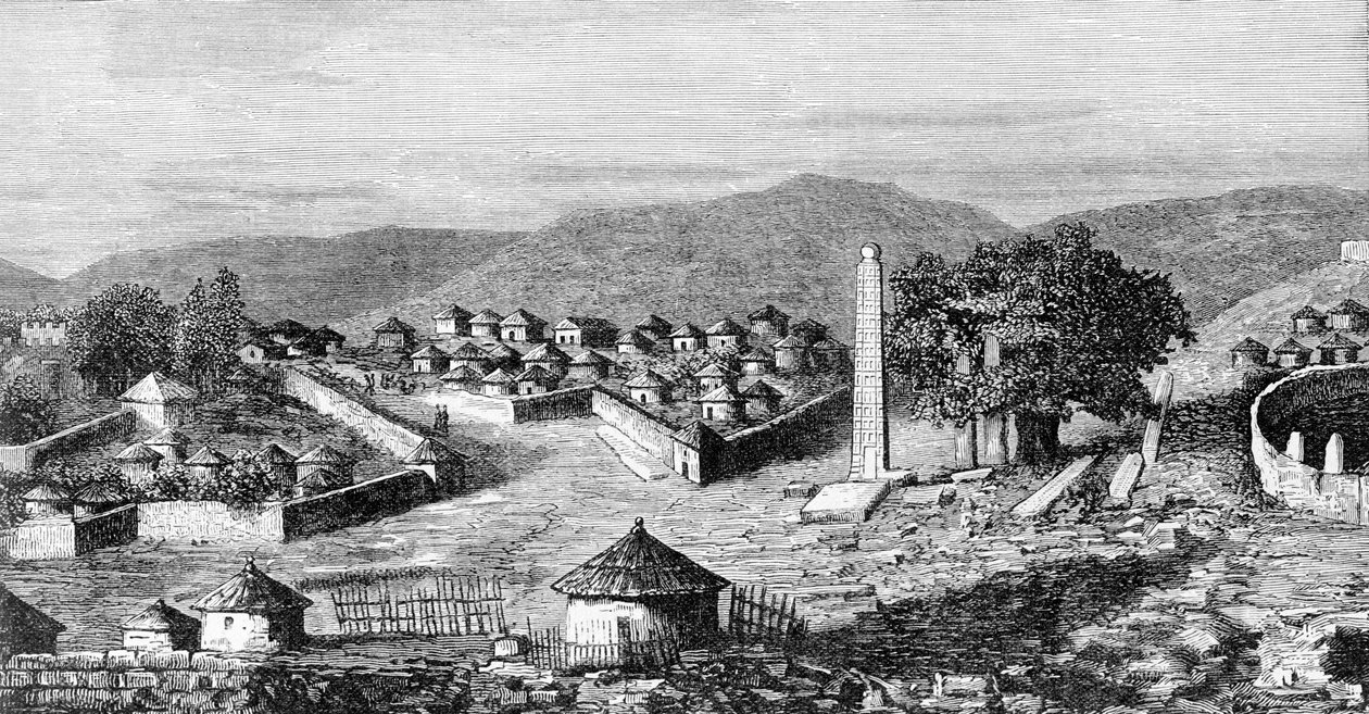Axoum (Aksoum), Etiopiens religiösa huvudstad, cirka 1850. Från en teckning av upptäcktsresanden Gustavo Bianchi. av Italian School