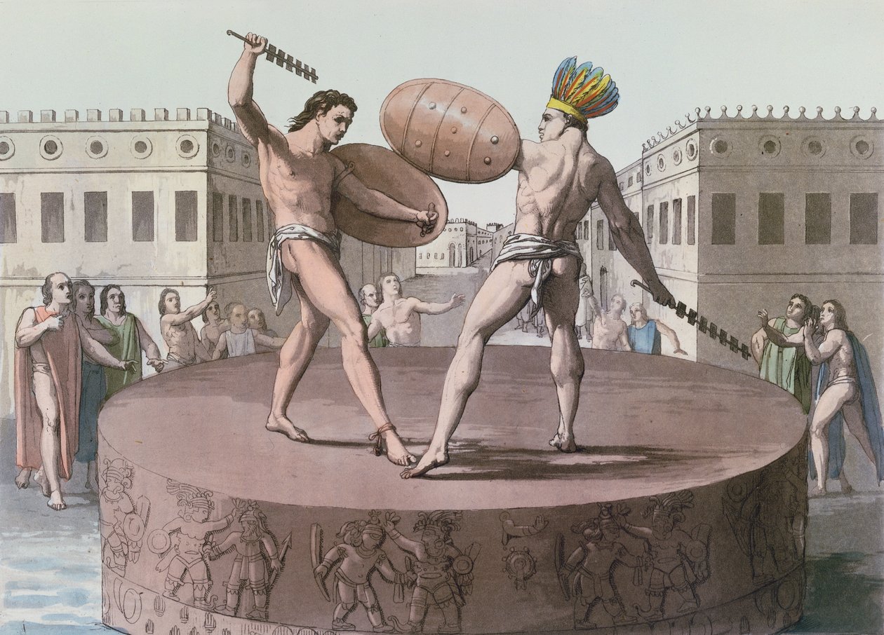Aztekiska krigare i strid på en Cuauhxicalli, ca 1820 av Italian School