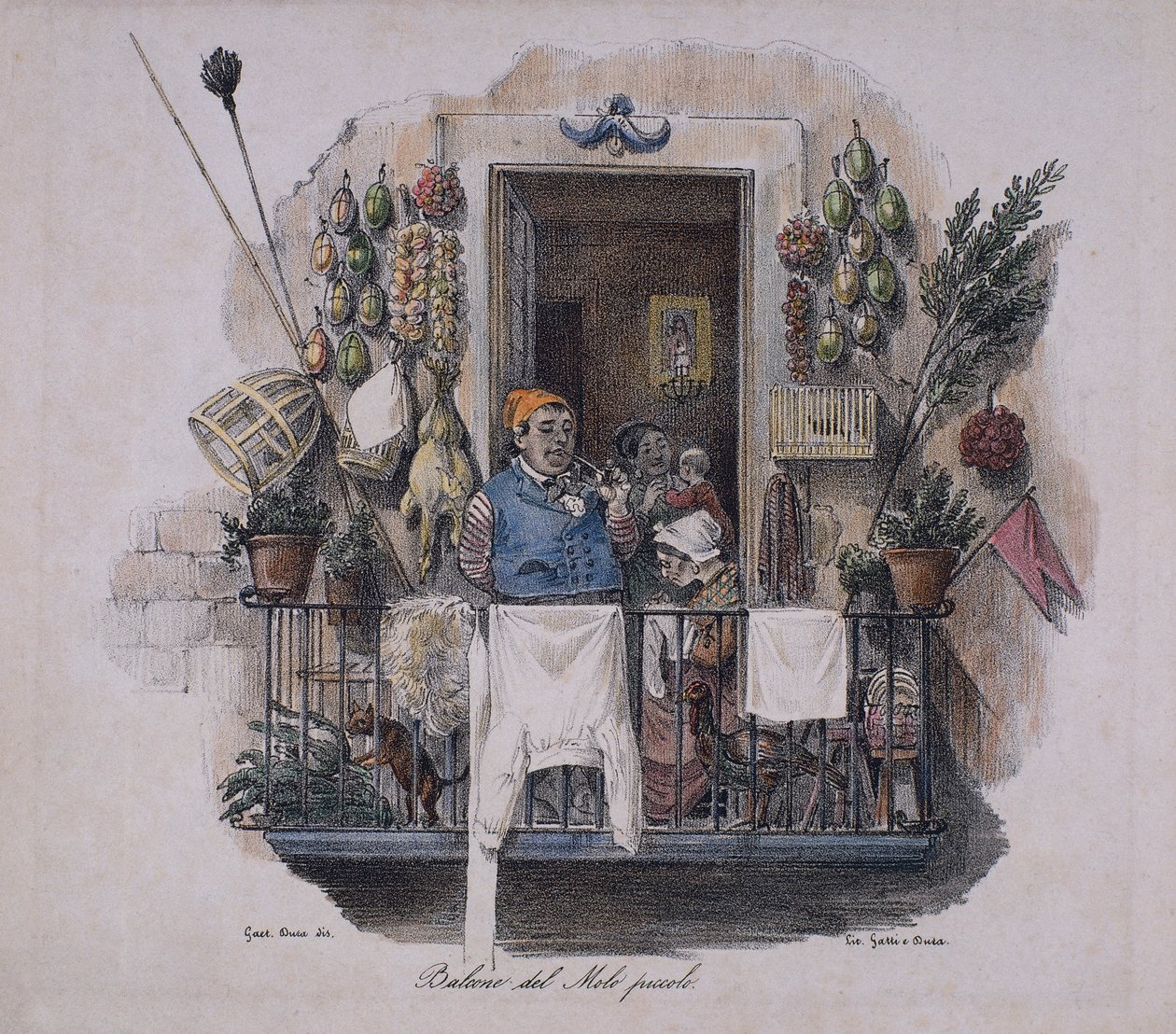 Balkong vid den lilla piren i Neapel, Italien, 1800-talet (litografi) av Italian School