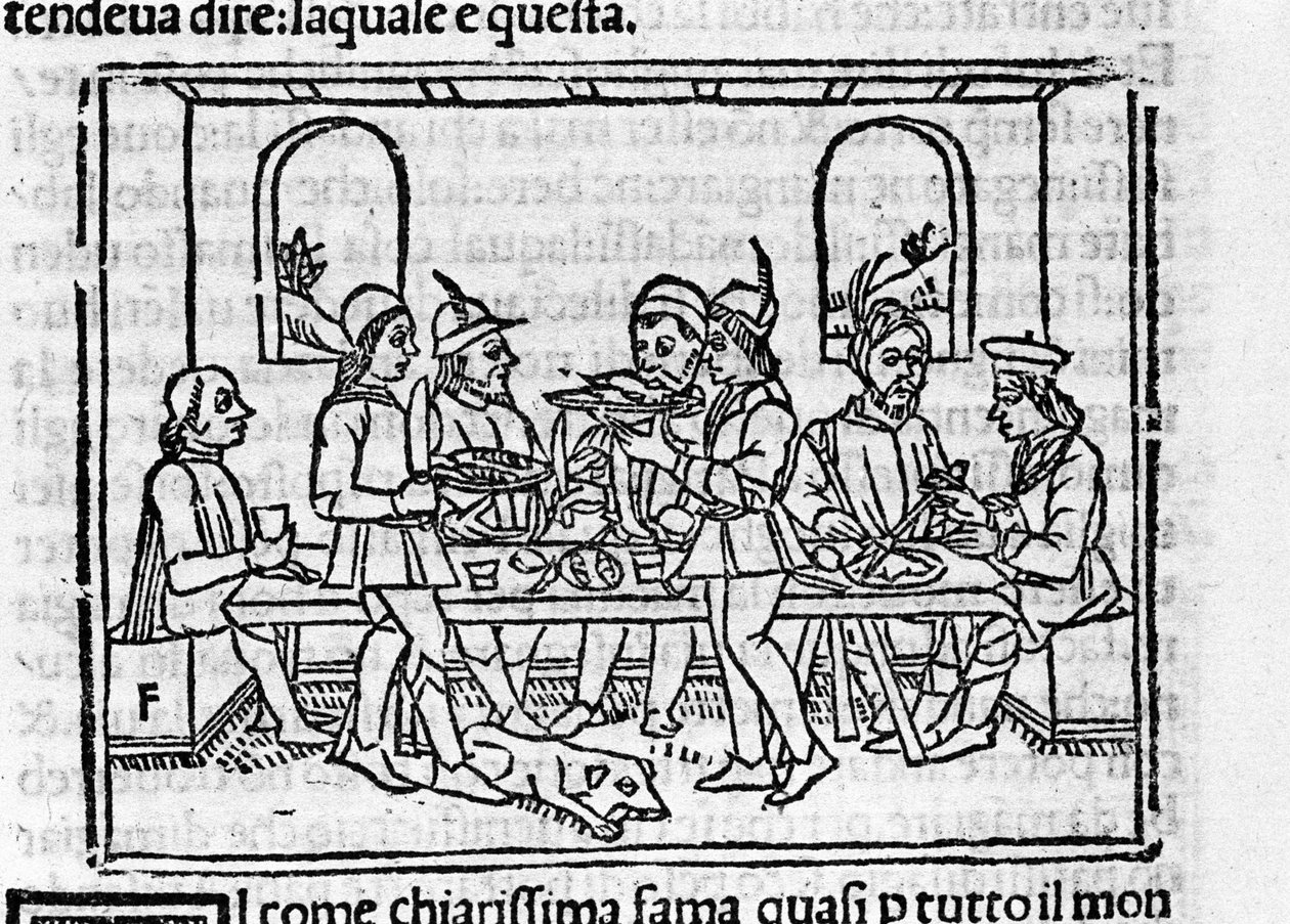Bankettscen i närvaro av medlemmar av den florentinska adeln. Illustration för "Decameron"" av Giovanni Boccaccio dit Jean Boccace (1313-1375), italiensk författare. Gravyr i "" Decamerone ouer Cento nouelle"" Venedig, Bartolomeo de 