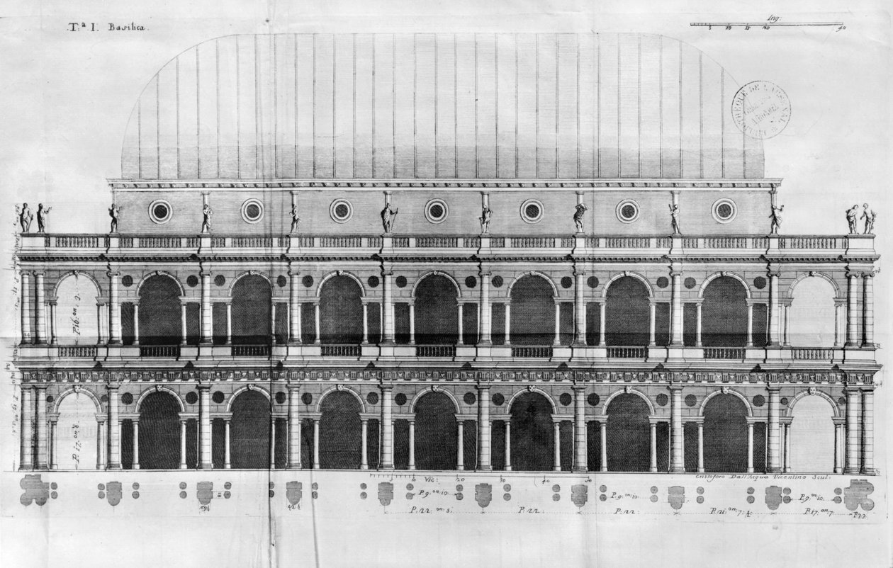 Basilica Palladiana vid Vicenza, designad av Andrea Palladio (1508-80) (e, graving) av Italian School