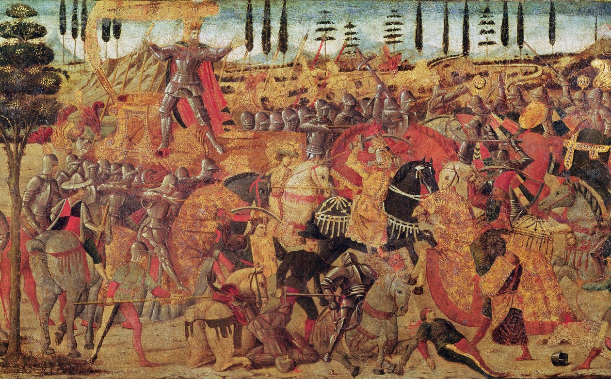 Strid mellan Darius (399-330 f.Kr.) och Alexander den store (356-323 f.Kr.) (olja på panel) av Italian School