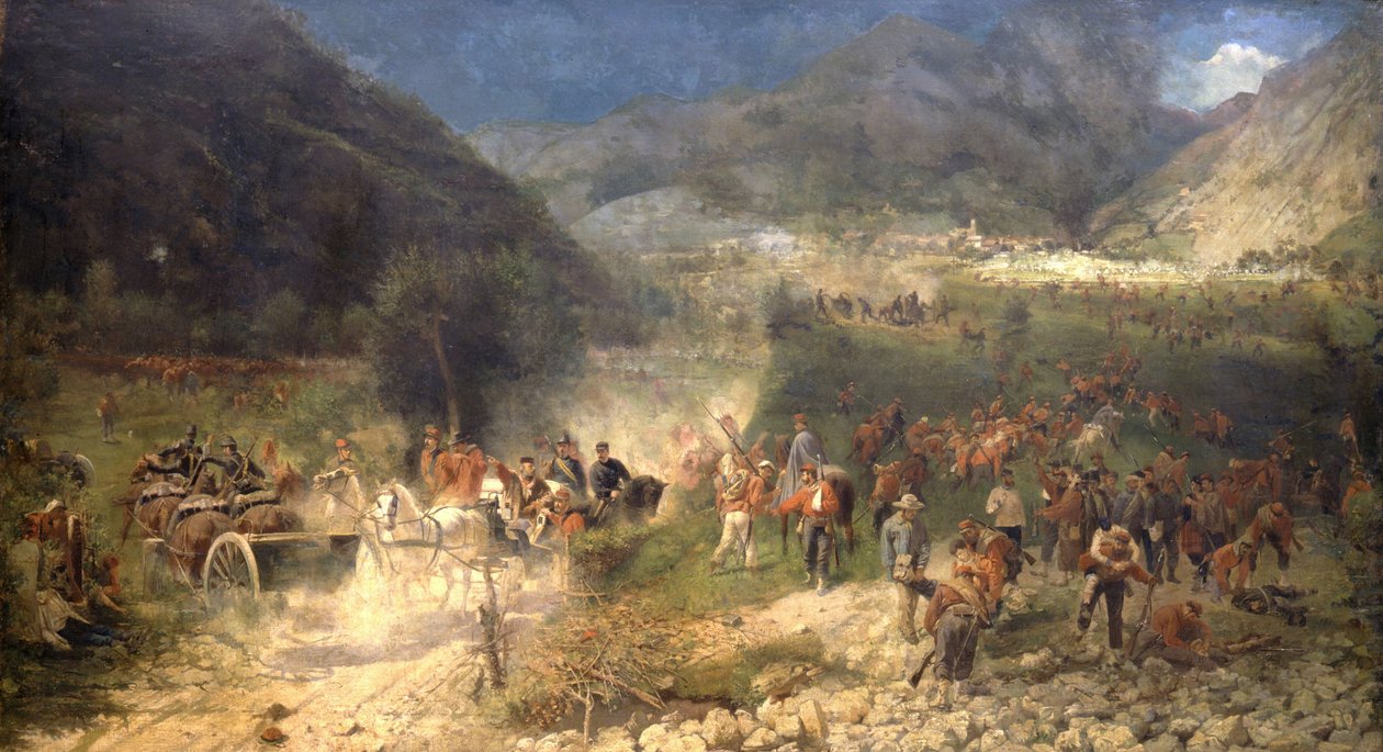 Slaget vid Bezzecca: Giuseppe Garibaldis frivilliga slåss mot österrikarna den 21/07/1866. Risorgimentos museum. Milano. av Italian School