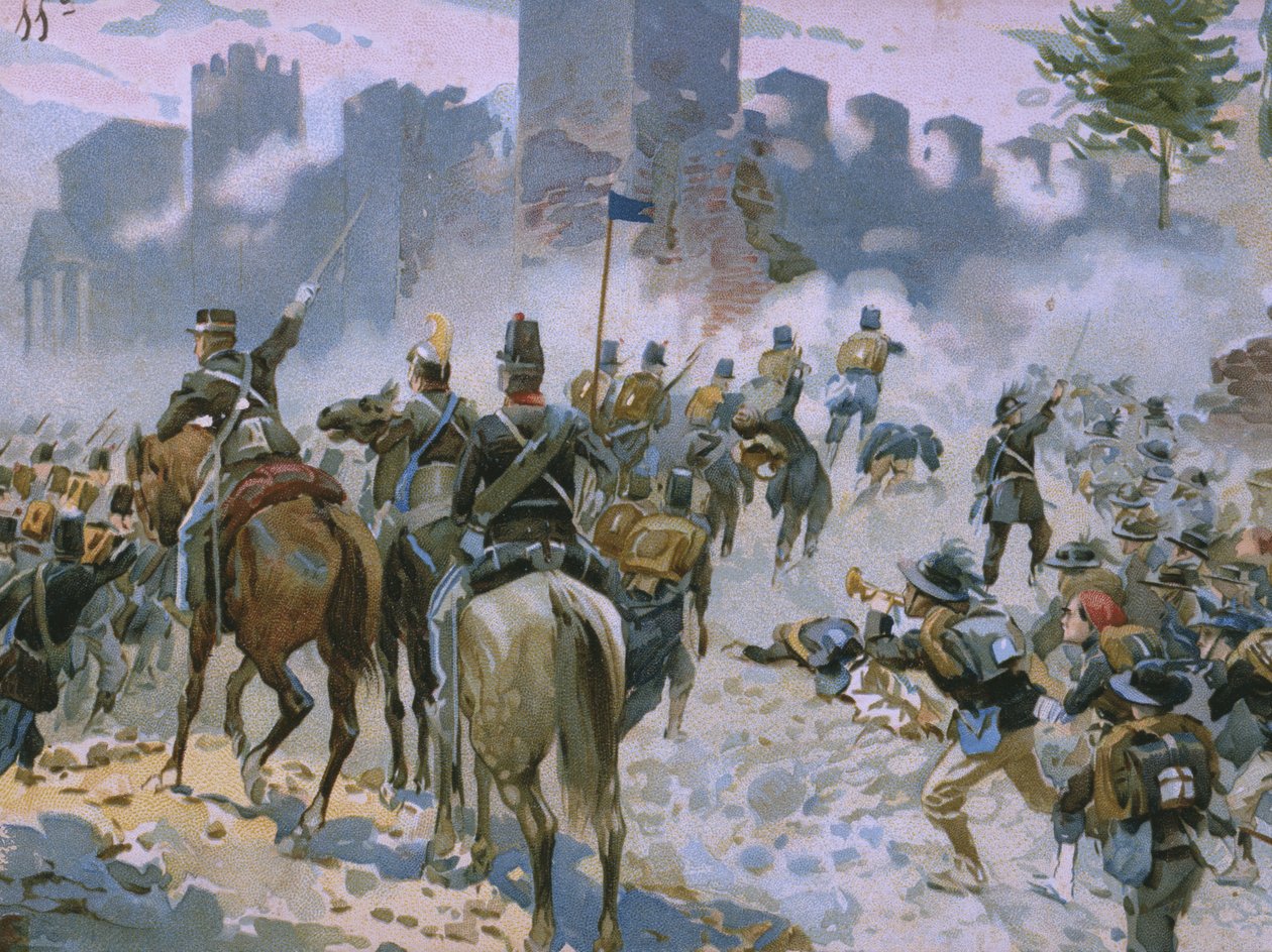 Slaget vid Solferino och San Martino, 24 juni 1859, illustration från ett album om Risorgimentos historia gjord för chokladen Talmone, sent 1800-tal av Italian School