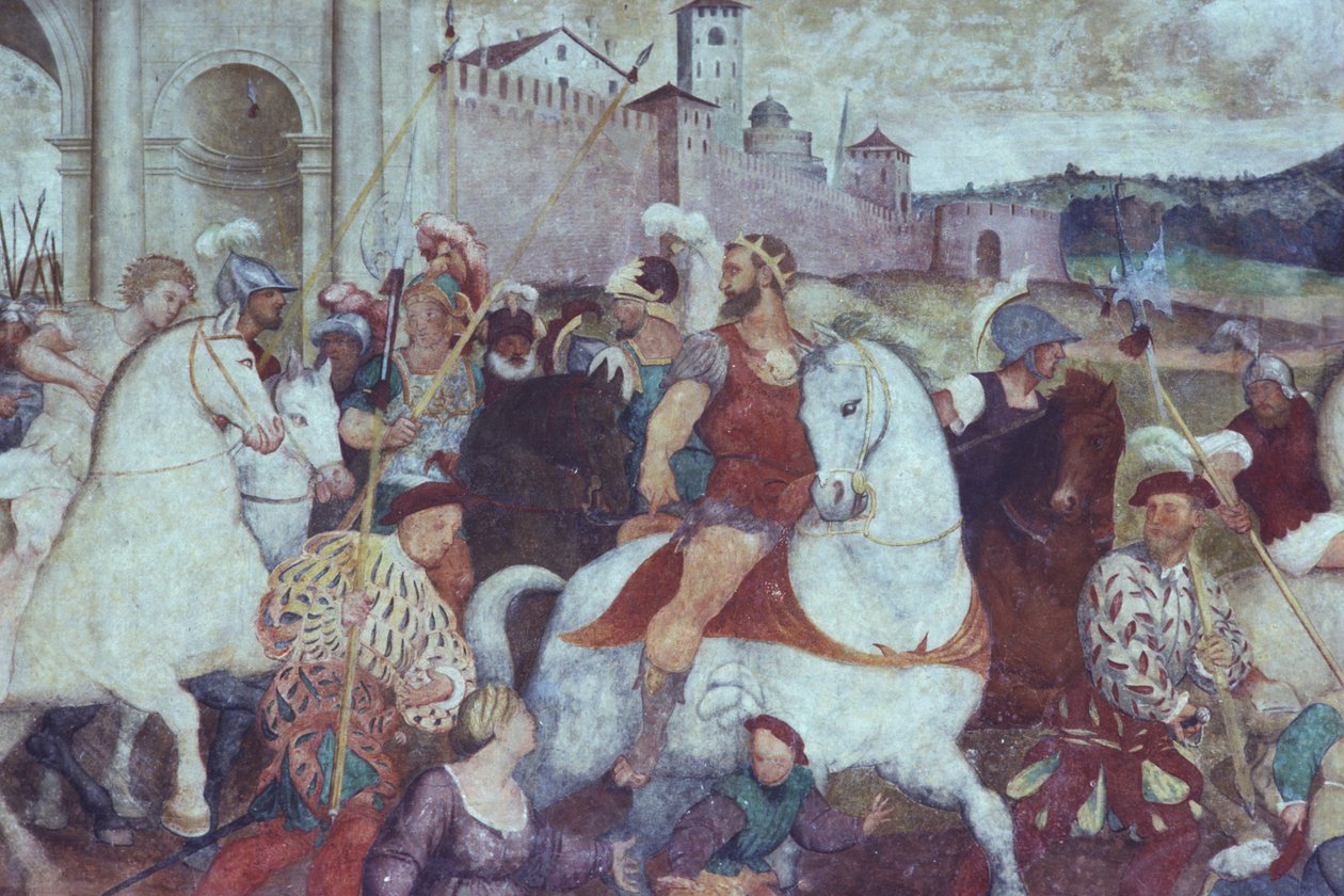 Stridsscenen utanför stadsmuren, ca 1460-talet (fresk) av Italian School