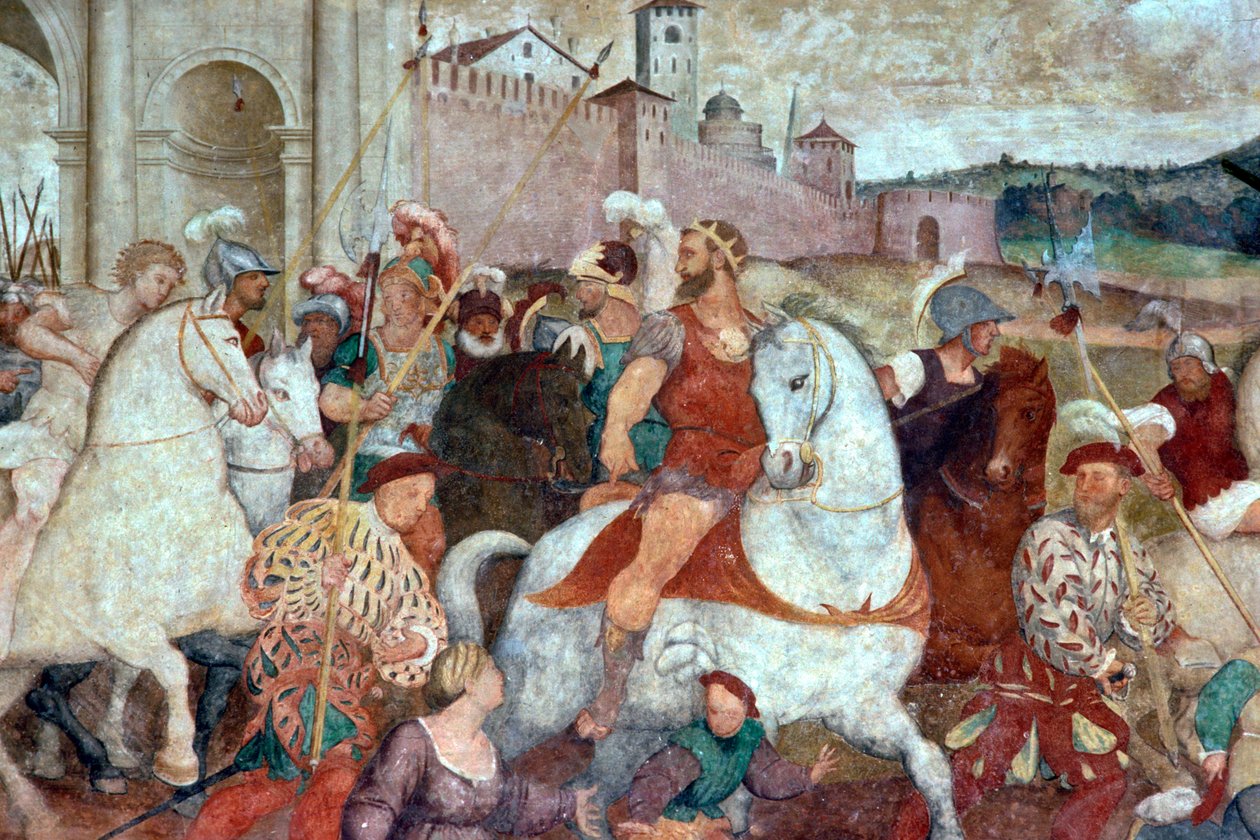 Stridsscenen utanför stadsmuren, ca 1460-talet (fresk) av Italian School