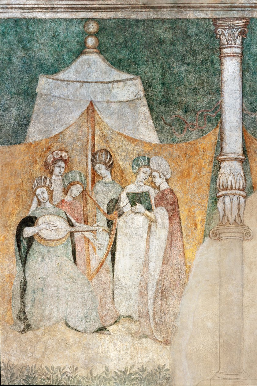 Bicocca degli Arcimboldi: fresk från 1400-talet, detalj av kvinnor som spelar musik (fresk) av Italian School