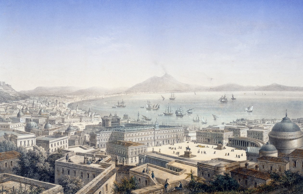 Fågelperspektiv av det kungliga palatset och Piazza Plebiscito i Neapel, Italien av Italian School