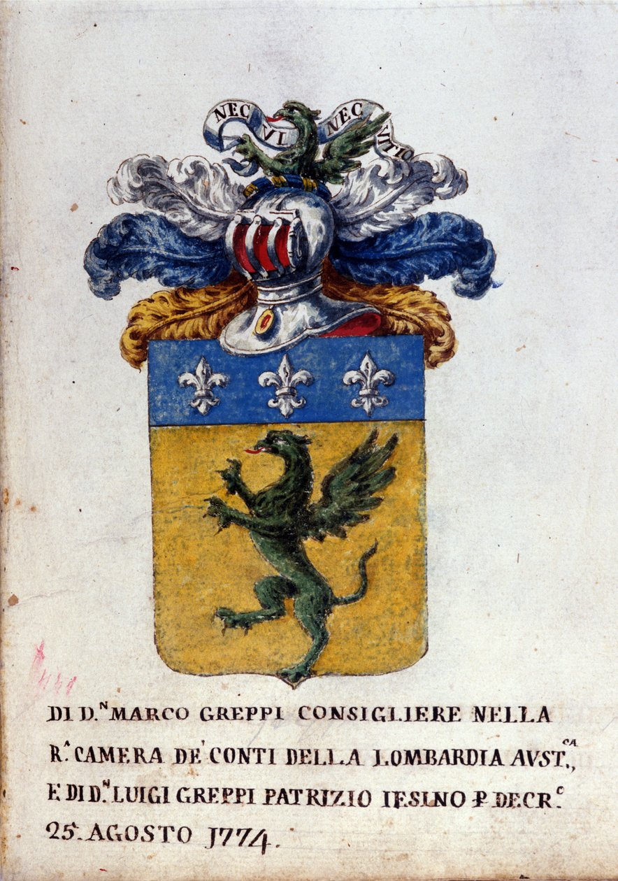 Vapensköld från familjen Greppi i Milano, pansarhjälm, fleur-de-lis och drake. Milanos statsarkiv från 1700-talet av Italian School