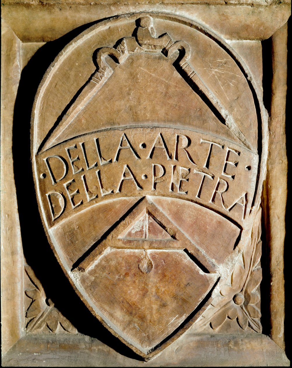 Blazon av stenarbetarnas församling. En kompas och en kvadrat är representerade. 1300-talets Siena, Biblioteca degli Intronati av Italian School