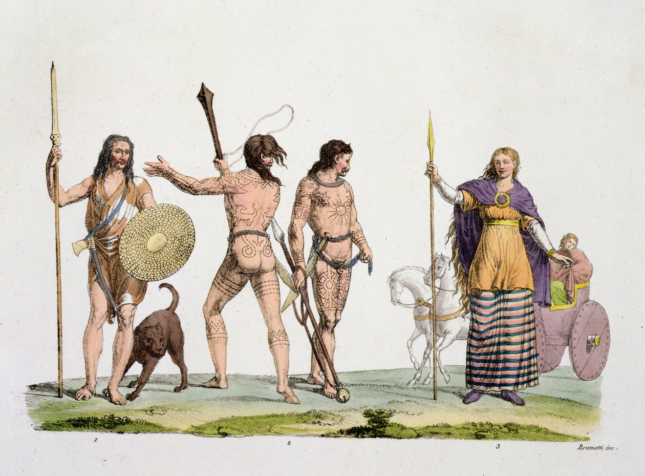 Britter, kaledonier och drottning Boadicea, skylt 4 från The History of the Nations (akvatint) av Italian School