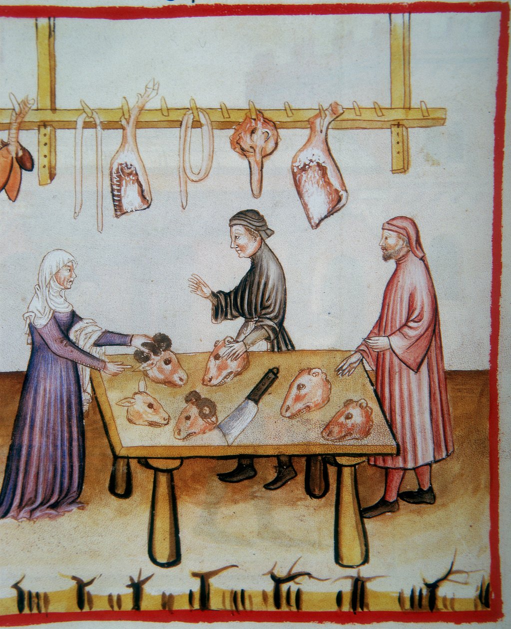Slaktar djurhuvuden. Belysning från Codex Vindobonensis Series Nova 2644 (fol.76v), Tacuinum Sanitatis av Italian School