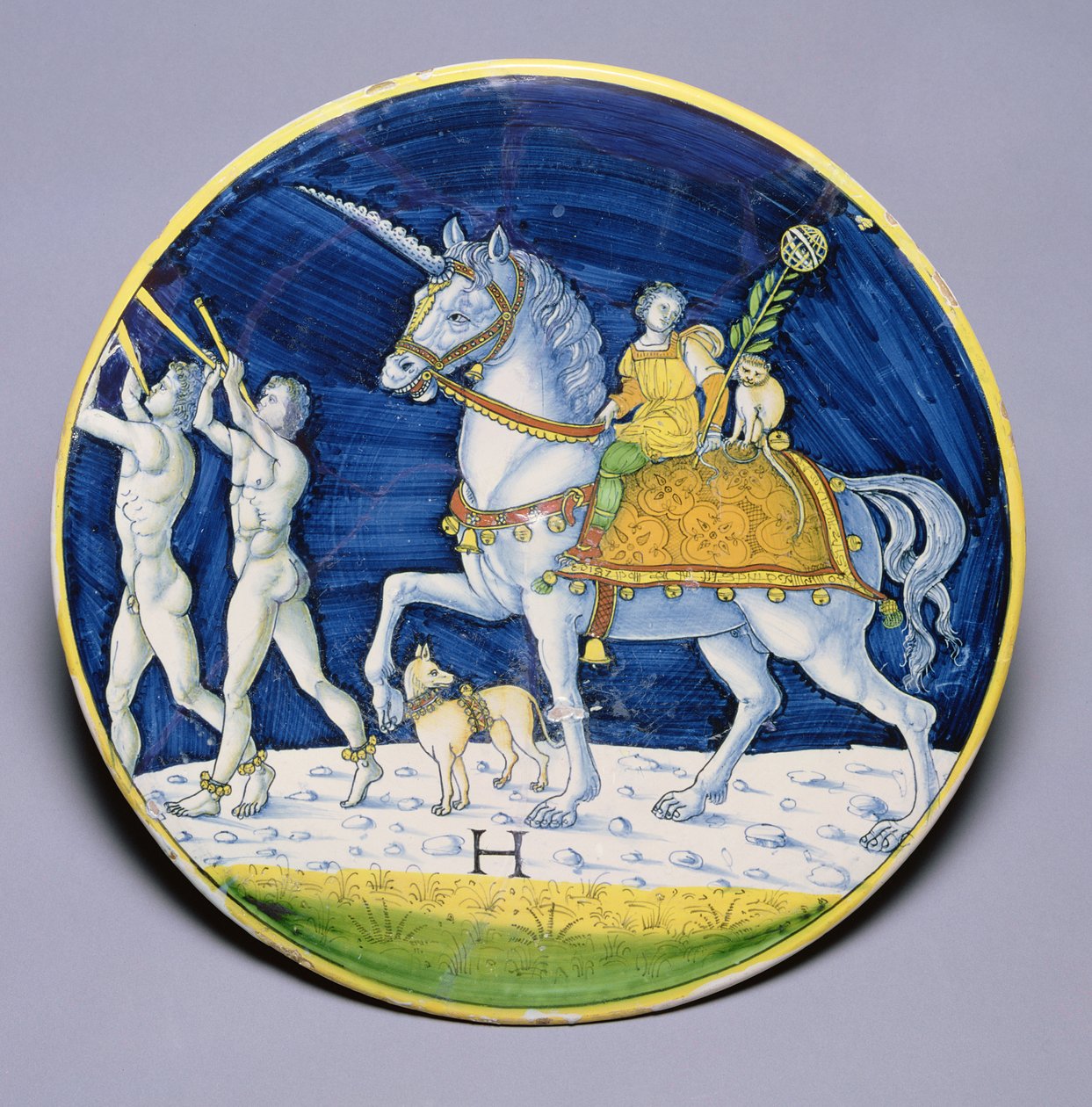 C.86-1927 Maträtt som föreställer Caesars häst från Caesars triumf, tillskriven Jacopo di Pietro, italienare, från Caffaggiolo av Italian School