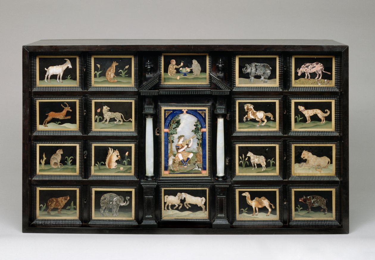 Skåp, c.1620 (päronträd, ebenholts, alabaster och pietre dure paneler) av Italian School