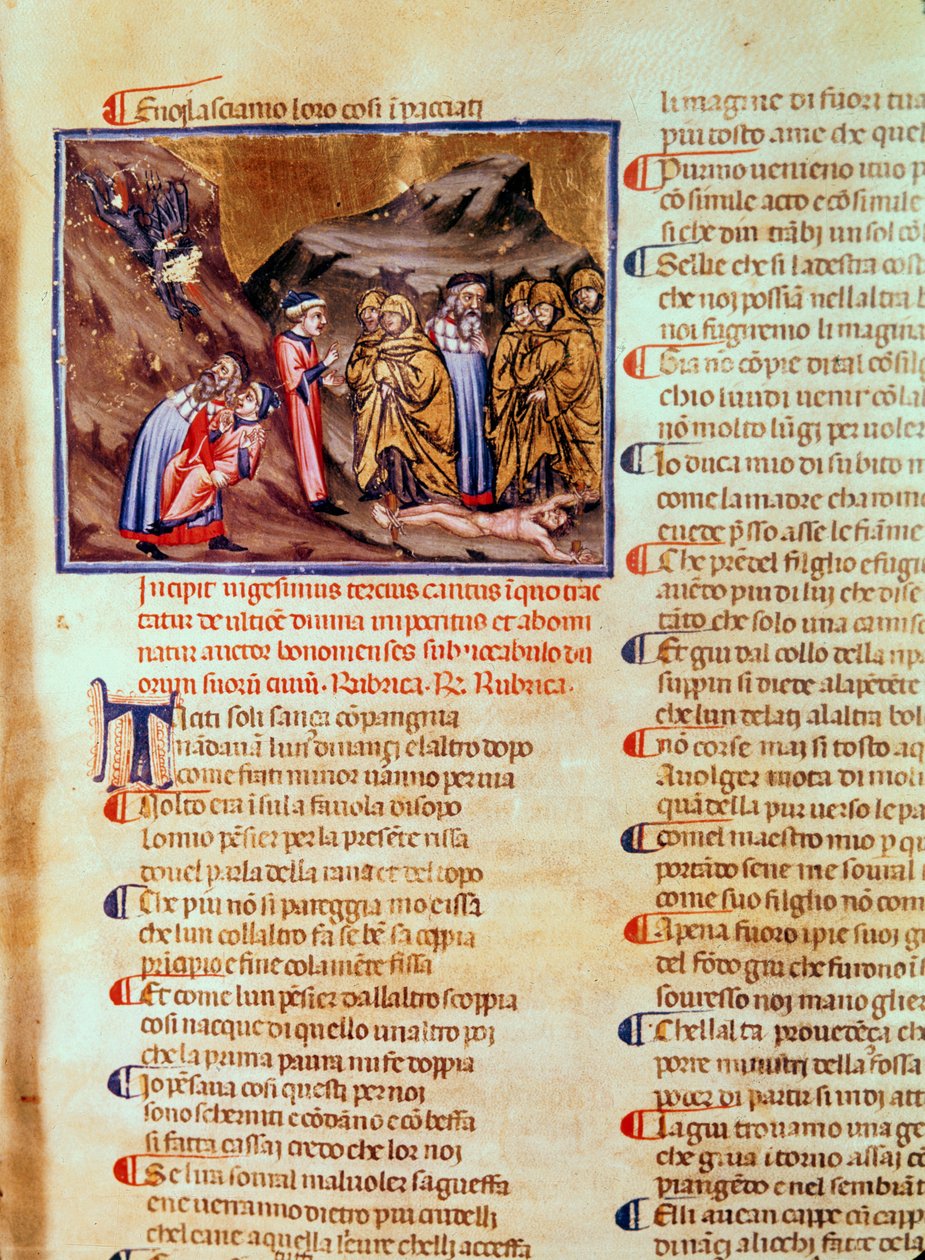 Canto XXIII Dante och Vergilius i hycklarnas krets, med Kaifas korsfäst på marken, från den gudomliga komedin (inferno), c.1313 av Italian School