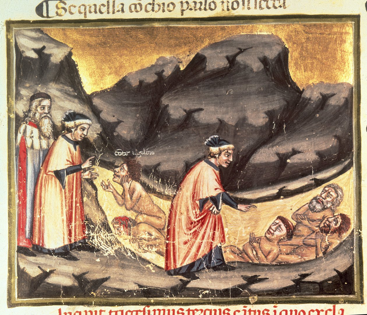 Canto XXXIII Dante och Vergilius möter Ugolino i de förrädiskas cirkel, från den gudomliga komedin (inferno), ca 1313 av Italian School