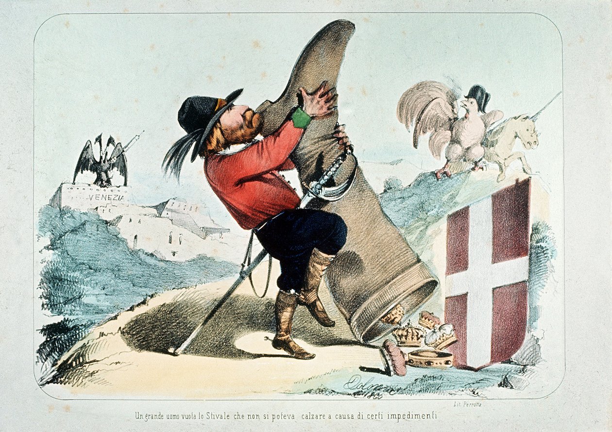 Karikatyr av Giuseppe Garibaldi som tömmer en känga (Italien) full av kronor, av Litografia Perrotta av Italian School