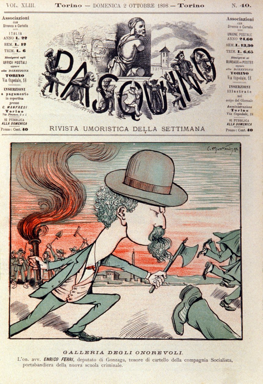 Tecknad porträtt av Enrico Ferri (1856-1929) italiensk kriminolog och politikeraktivist i det italienska socialistpartiet. Tecknad film i "" Pasquino"" 2 oktober av Italian School