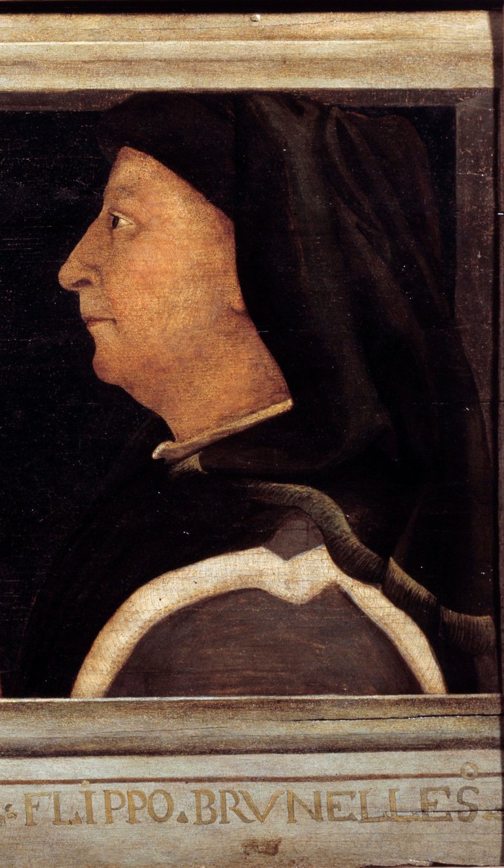 Cassone med fem porträtt av mästaren från den florentinska renässansen med porträttet av Brunelleschi Filippo (1377-1446). Italiensk skola på 1500-talet. Inskriften nedan är troligen successiv. Louvren, Paris. av Italian School