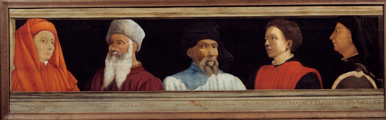 Cassone med 5 porträtt av mästaren under den florentinska renässansen (från vänster till höger Giotto di Bondone, Paolo Uccello, Niccolo Donatello, Antonio Manetti, Filippo Brunelleschi). Italiensk skola på 1500-talet. Inskriften nedan är troligen succ av Italian School