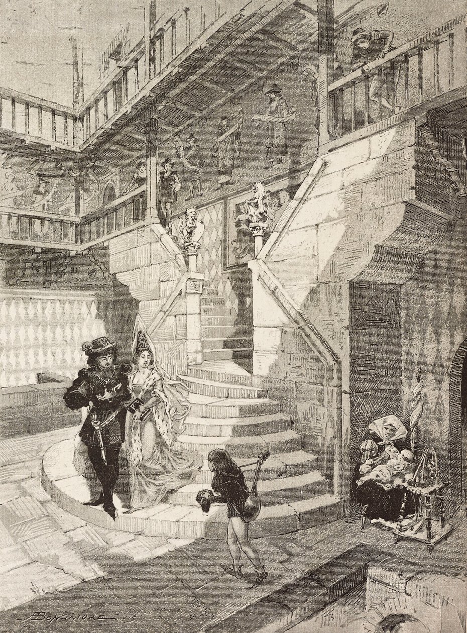 Slottsgård, medeltida by i Turin, Italien, gravyr av Bonamore från L