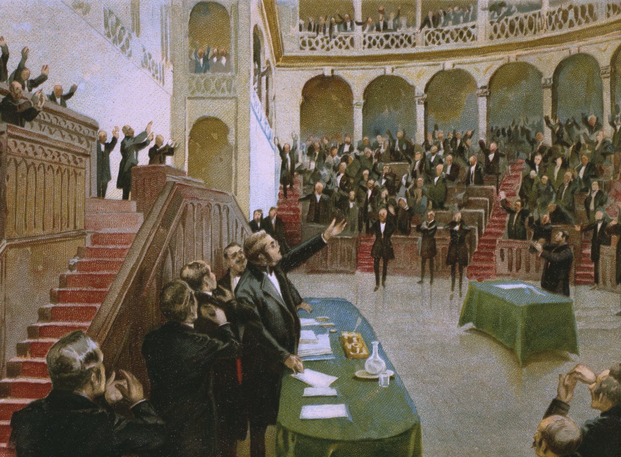 Cavour får det första italienska nationella parlamentet att applådera kung Victor Emmanuel II (1820-78) den 18 februari 1861, illustration från ett album om Risorgimentos historia gjord för chokladen av Italian School