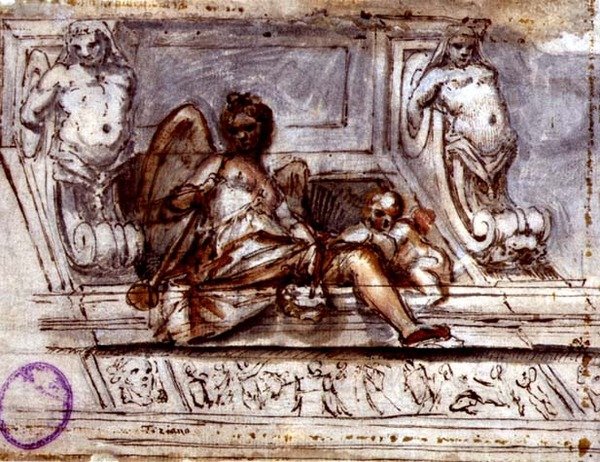 Takdesign med Muse of Music, c.1700 (penna och bläck med akvarell på papper) av Italian School