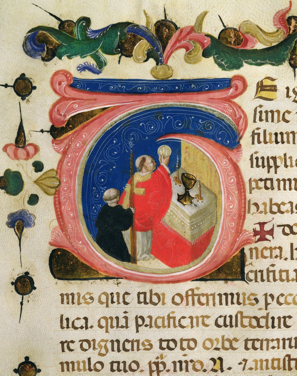 Firande av eukaristin, från en Mariegola från lekmannagillet St. Hieronymus, ca 1400 (bläck & bladguld på veläng) av Italian School