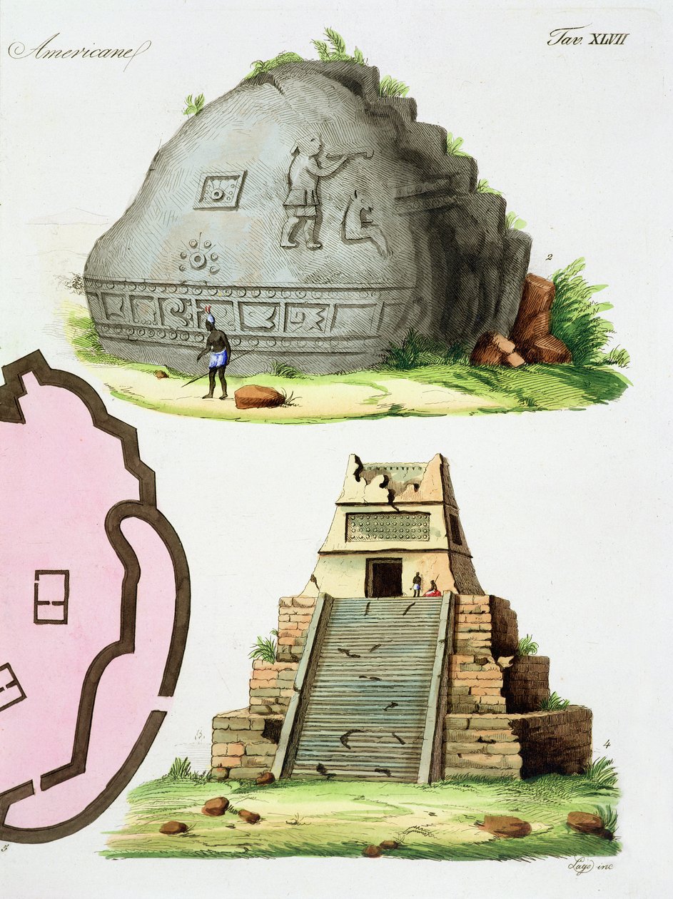 Centralamerikanska antikviteter, detalj av två pyramider, skylt 47 från 